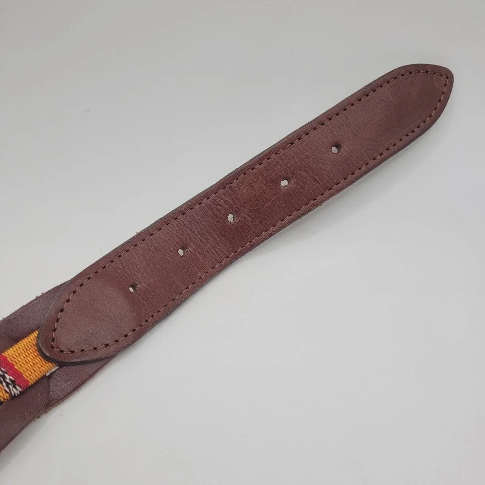 Brown Leather Belt Lg Woven Colorful Fabric Boho Folk Artisan Ethnic Guatemala